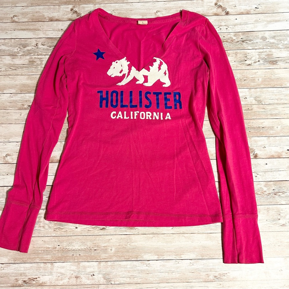 Hollister V-Neck Long Sleeve Pink Shirt Size Large